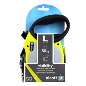 ALCOTT - Рулетка для собак до 50кг, 5м, лента, антискользящая ручка, чёрно-желтая (VISIBILITY)
