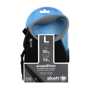 ALCOTT - Рулетка для собак до 50кг, 7,5м, лента, антискользящая ручка, черная (EXPEDITION)