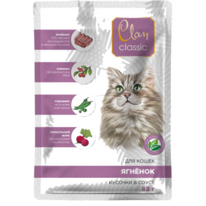 Clan CLASSIC - Паучи для кошек, мясное ассорти ягненок с клюквой и горохом в соусе