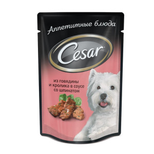Cesar - Паучи для собак из говядины с кроликом   в соусе со шпинатом 7483