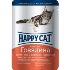 Happy cat - Кусочки в желе с говядиной, печенью и горохом