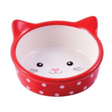 Mr.Kranch - Миска керамическая для кошек мордочка кошки 250 мл красная в горошек