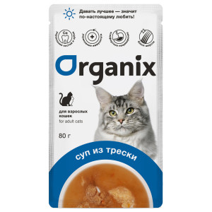 Консервированный корм (суп) для кошек Organix, с треской, овощами и рисом, упаковка 24шт x 0.08кг