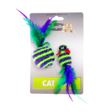 Papillon - Игрушка для кошек "Мышка и мячик с перьями" 5+4 см, пушистые, в полоску