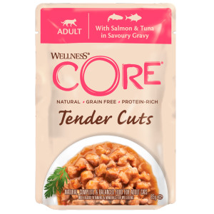 CORE - Паучи для кошек, из лосося с тунцом в виде нарезки в соусе, tender cuts , упаковка 16шт x 85г