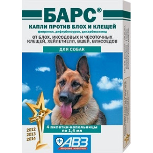 Агроветзащита - Барс, Капли для собак против блох и клещей, 4 пипетки по 1,4 мл.