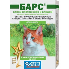 Агроветзащита - Барс, Капли для кошек против блох и клещей, 3 пипетки по 1 мл.