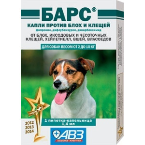 Агроветзащита - Барс, Капли для собак от 2 до 10 кг против блох и клещей, 1 пипетка по 1,4 мл.