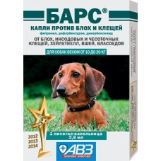 Агроветзащита - Барс, Капли для собак от 10 до 20 кг против блох и клещей, 1 пипетка 2,8 мл.