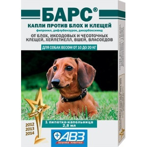 Агроветзащита - Барс, Капли для собак от 10 до 20 кг против блох и клещей, 1 пипетка 2,8 мл.