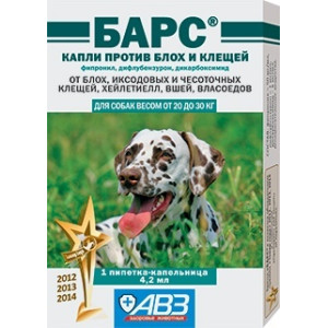 Агроветзащита - Барс, Капли для собак от 20 до 30 кг против блох и клещей, 1 пипетка по 4,2 мл.