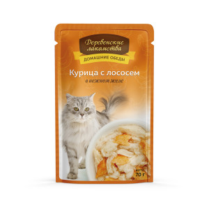 Деревенские лакомства - Консервы для кошек «Курица с лососем в нежном желе»