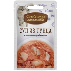 Деревенские лакомства - Консервы для кошек  «Суп из тунца с лососем и гребешком», пауч