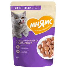 Мнямс - Влажный полнорационный корм Кусочки в соусе с ягненком для комфортного пищеварения у кошек