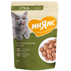 Мнямс - Влажный полнорационный корм Кусочки в соусе с уткой для домашних кошек