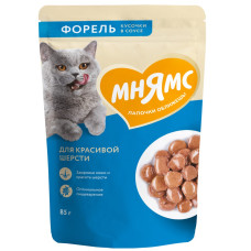 Мнямс - Влажный полнорационный корм Кусочки в соусе с форелью для красивой шерсти кошек